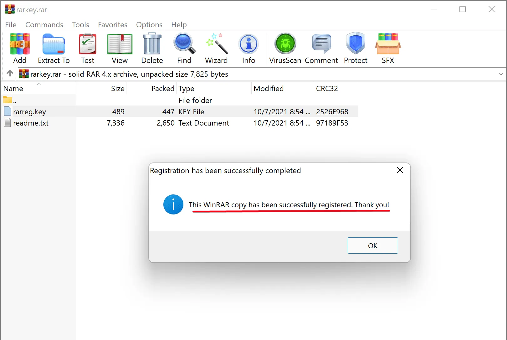 Erfolgreich aktivierte WinRAR Lizenz in der Software, lizenziert auf den Nutzer