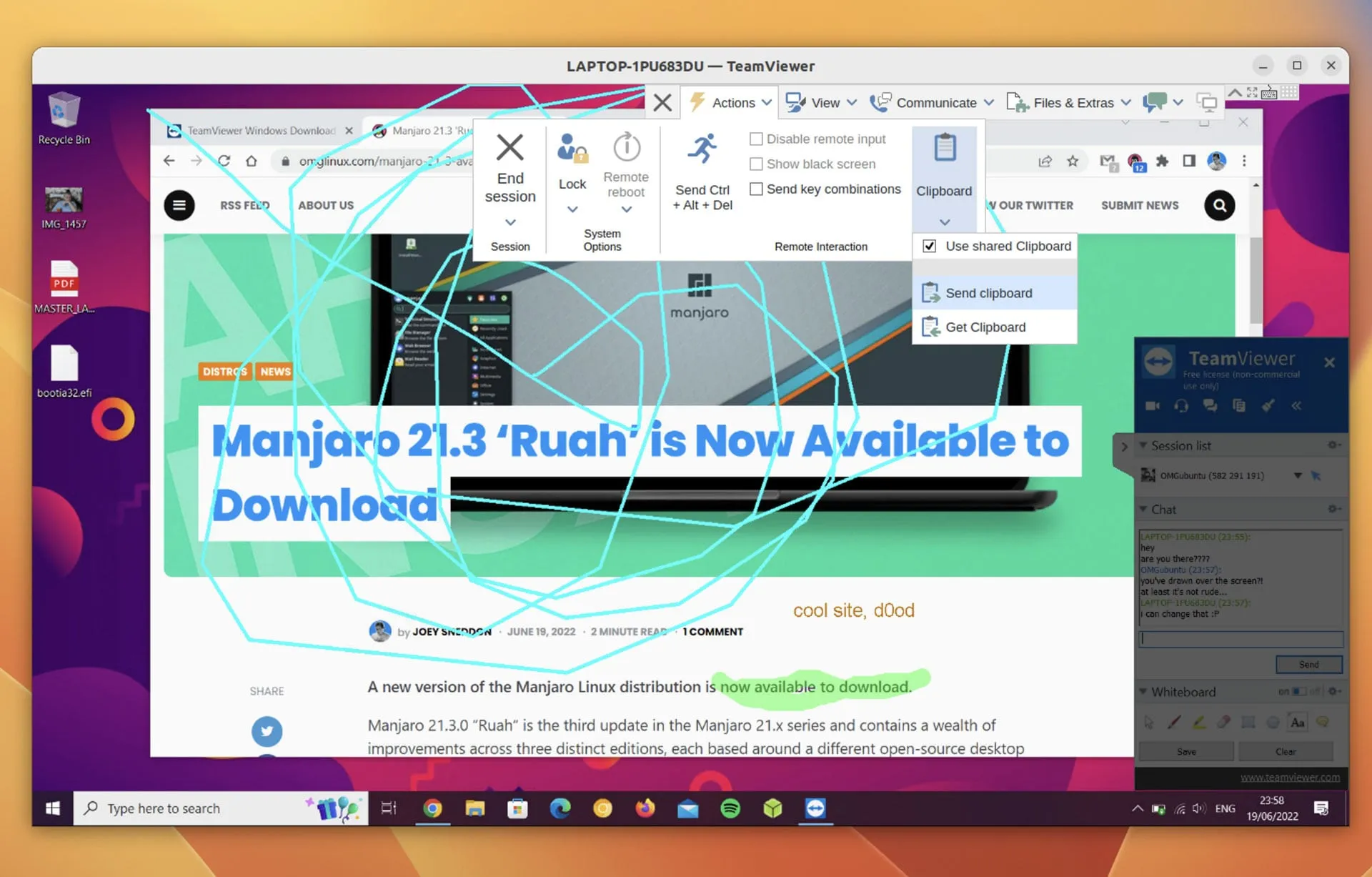 Erfolgreich verbundener TeamViewer-Desktop unter Ubuntu, zeigt einen Remote-Windows-10-Bildschirm an.