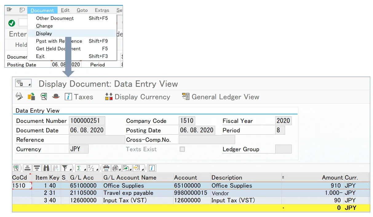 Erfolgreiche Buchung in SAP F-02 und Anzeige des erzeugten Buchhaltungsbelegs