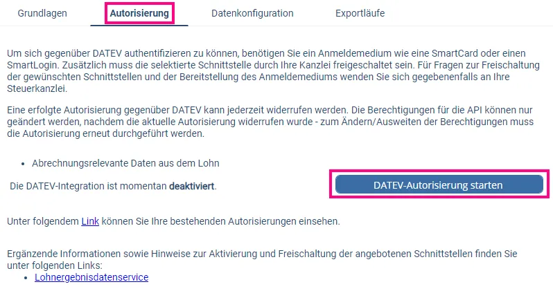 Erfolgreiche DATEV Autorisierung in HR WORKS für den Mandantenstatus