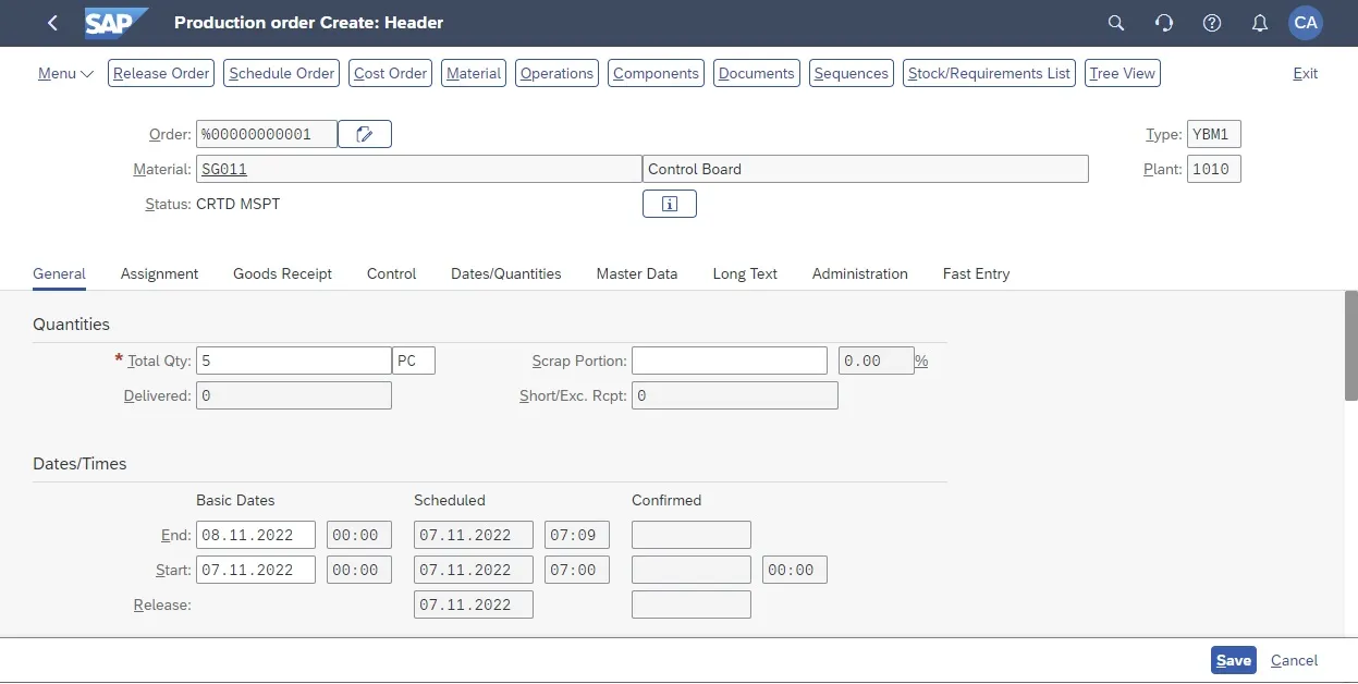 Erfolgreiche Speicherung eines neuen Fertigungsauftrags
