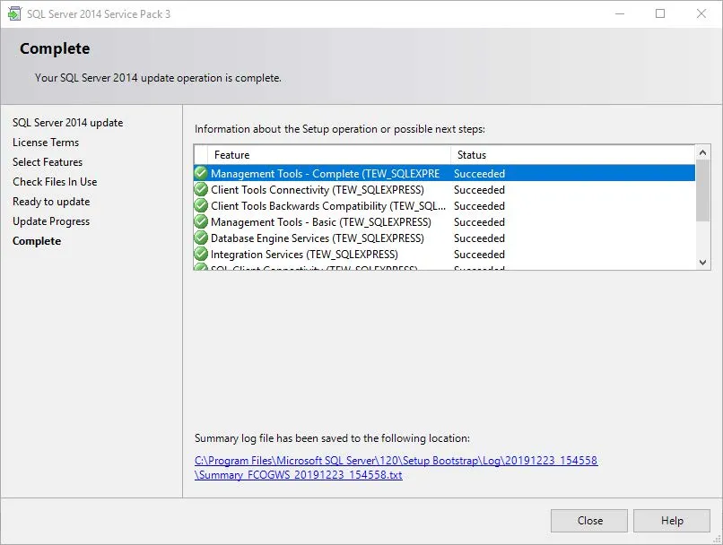 Erfolgreicher Abschluss des SQL Server 2014 SP3 Updates