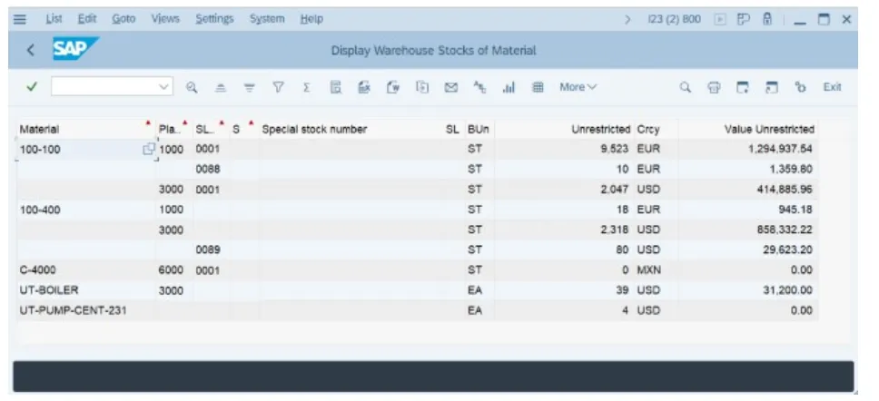 Erster MB52 SAP Bericht mit ausgewählten Materialien