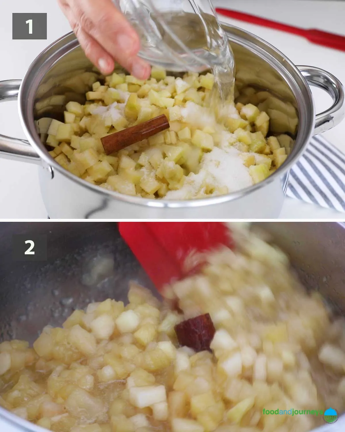 Erster Teil einer Collage von Bildern, die den Schritt-für-Schritt-Prozess der Zubereitung von Apfelmus mit Zimt zeigen.