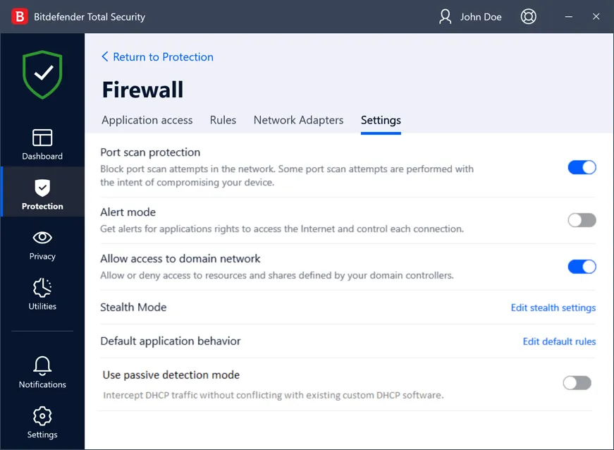 Erweiterte Einstellungen der Bitdefender Firewall wie Port-Scan-Schutz und Alarmmodus