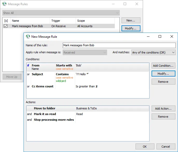 Erweiterte Nachrichtenregeln in OE Classic, zur Automatisierung der E-Mail-Verwaltung und Filterung.