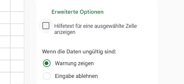 Erweiterte Optionen der datenvalidierung google tabellen: Warnhinweise bei ungültigen Eingaben einstellen