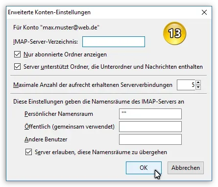 Erweiterte Server-Einstellungen für die IMAP-Synchronisation in Thunderbird