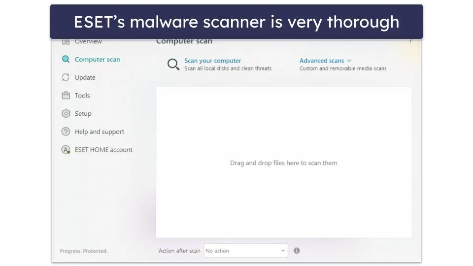 ESET Benutzeroberfläche mit System-Scan und Anti-Diebstahl-Funktionen