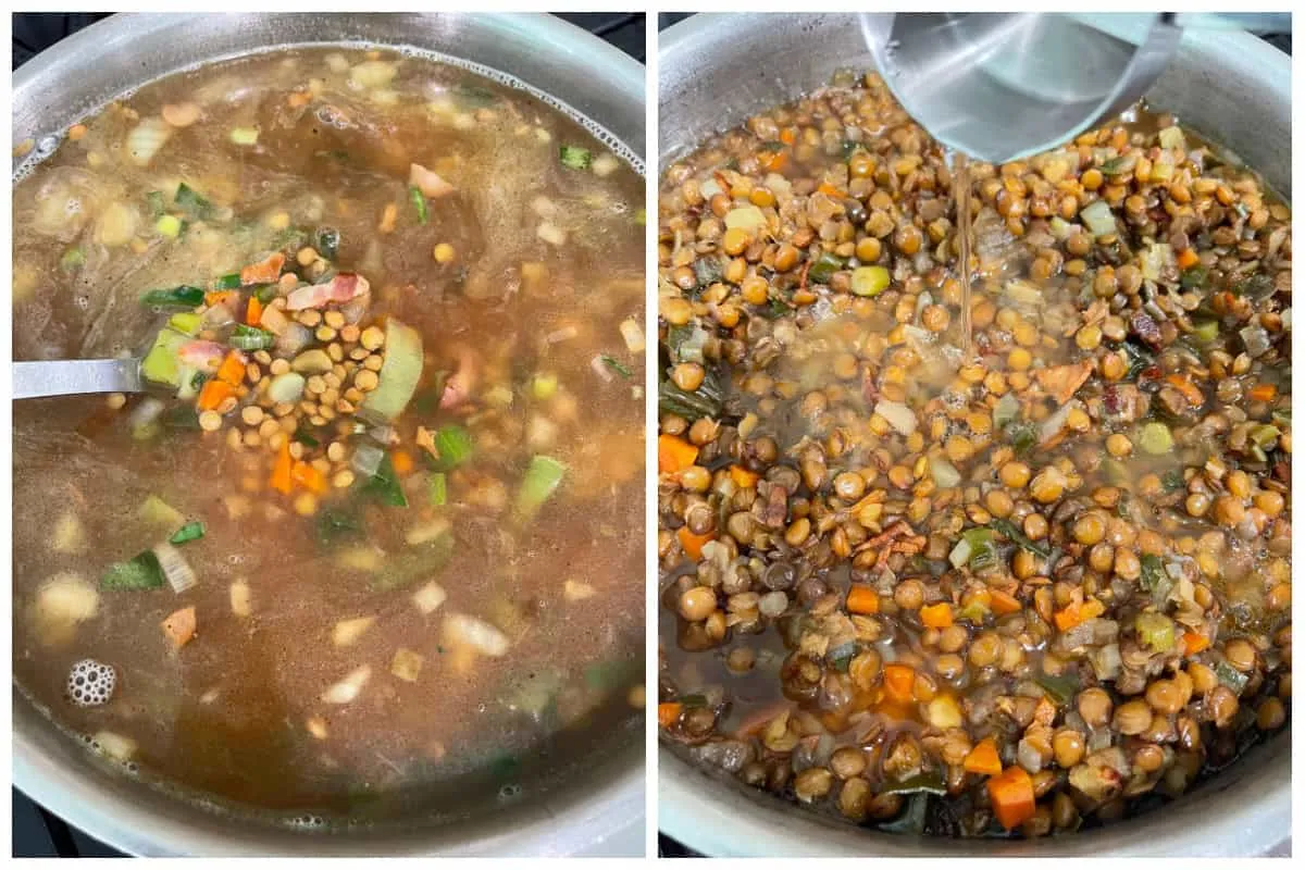 Essig wird zu den köchelnden Linsen hinzugefügt