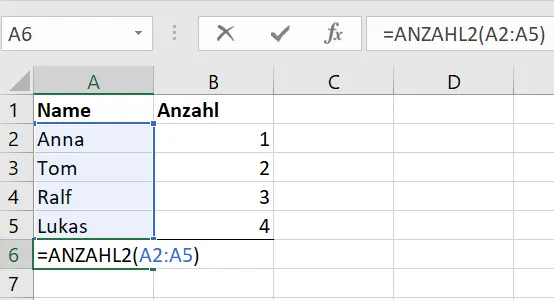 Excel-Tabelle, die die Anwendung der Funktionen ANZAHL und ANZAHL2 zeigt, um Zahlenfelder und Textfelder zu zählen – ein wesentlicher Bestandteil des Excel Basiswissens für Datenanalysen.