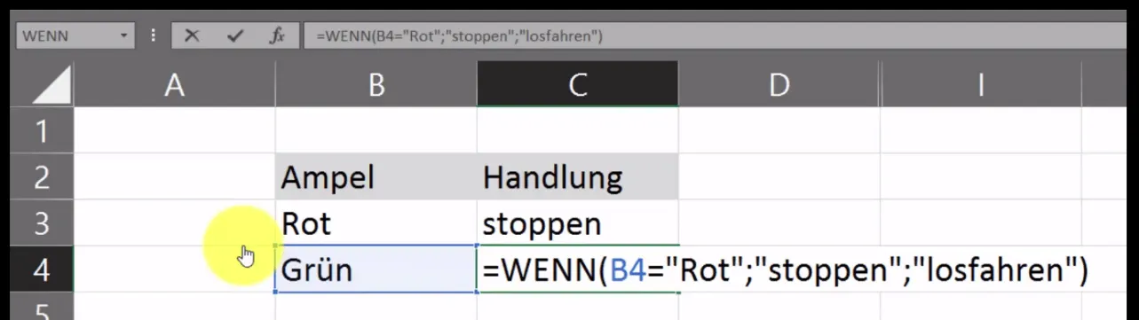 Excel Tabelle mit WENN-Funktion, die das Ergebnis der Bedingung B4=&quot;Rot&quot; als FALSCH markiert.