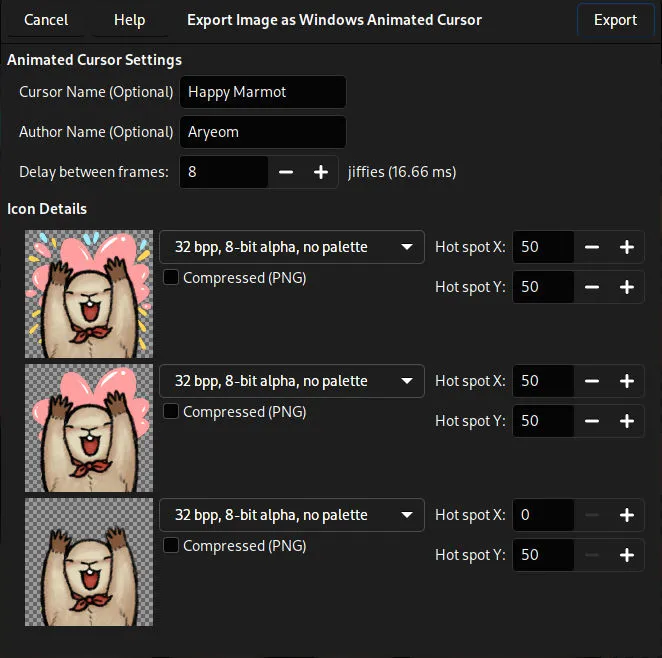 Exportdialog des ANI-Formats in GIMP 2.99.12