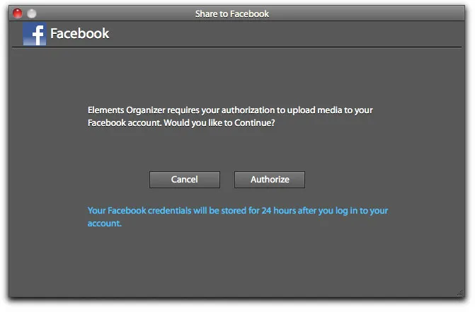 Facebook-Freigabefenster, geöffnet über den Organizer in Photoshop Elements 9