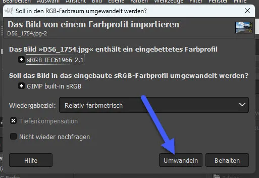 Farbprofil-Optionen beim Öffnen einer Datei in GIMP