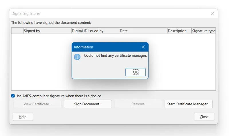 Fehlender oder verwirrender Zertifikatsmanager in LibreOffice 7.2