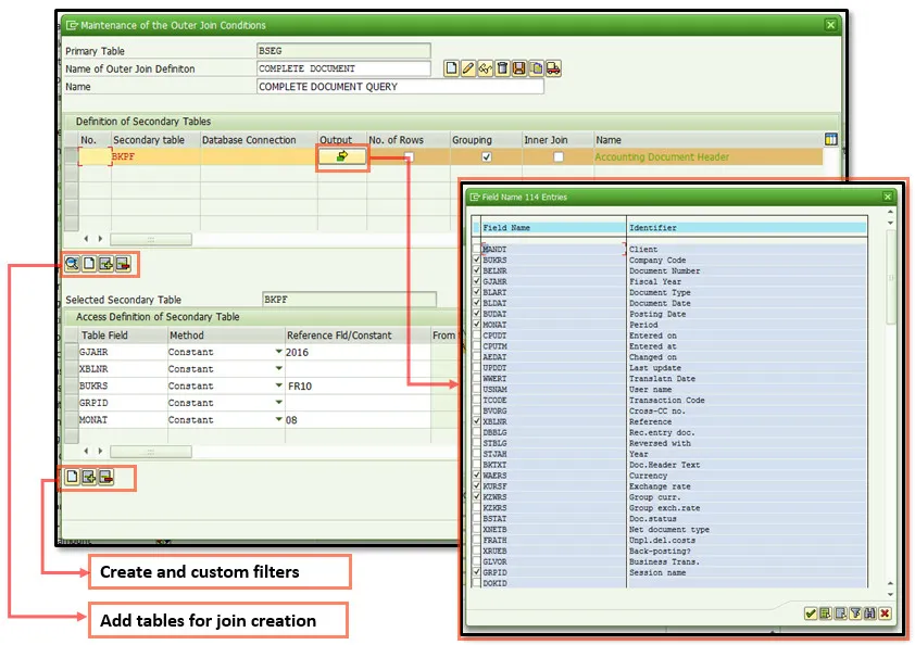 Felder zur Ausgabe hinzufügen und Filter anwenden in SE16H
