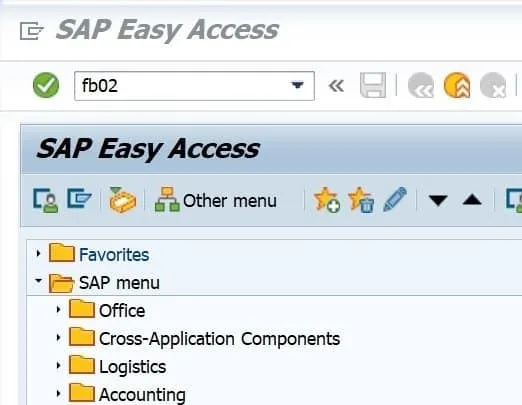 Felder zur Eingabe von Belegnummer, Buchungskreis und Geschäftsjahr in FB02