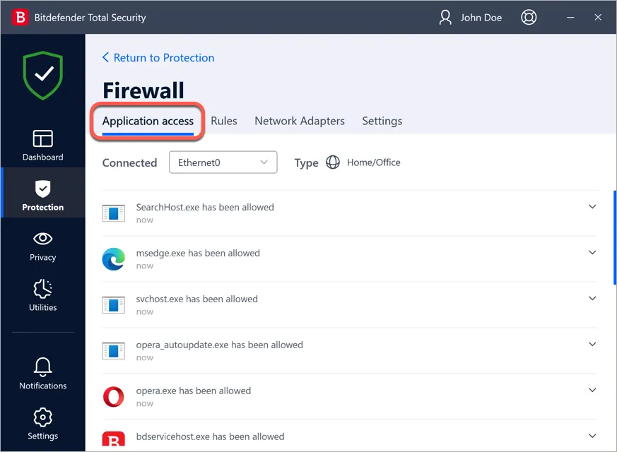 Fenster für den Anwendungszugriff in Bitdefender Firewall mit einer Liste kürzlich hinzugefügter Regeln