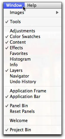 &quot;Fenster&quot;-Menü in Photoshop Elements 9 zur Verwaltung von Panels und Dokumenten