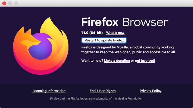 Fenster 'Über Firefox' mit Option zum Neustart für Update auf macOS
