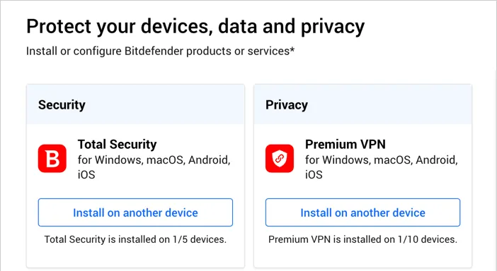Fenster zur Auswahl der Bitdefender-Anwendung für die Installation auf einem anderen Gerät