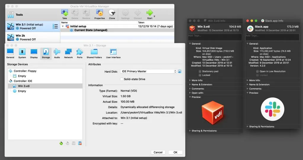 Festplattennutzung Vergleich: Win 3.1 VM mit App vs. moderne Mac Slack App