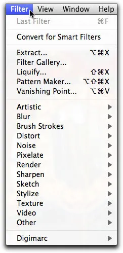 &quot;Filter&quot;-Menü in Photoshop Elements 9 mit verschiedenen kreativen und Korrekturfiltern