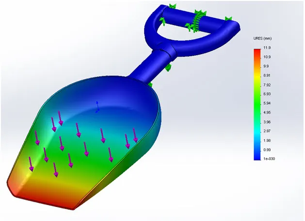 Finale Spannungsanalyse der optimierten Strandschaufel in SOLIDWORKS Simulation