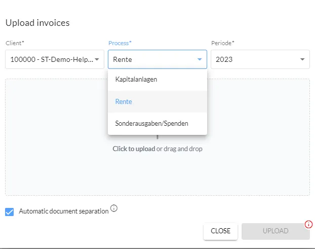 Finmatics Upload-Ansicht für Rechnungen zur DATEV Meine Steuern Übertragung