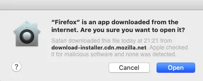 Firefox heruntergeladene Sicherheitsprüfung Mac 10.15