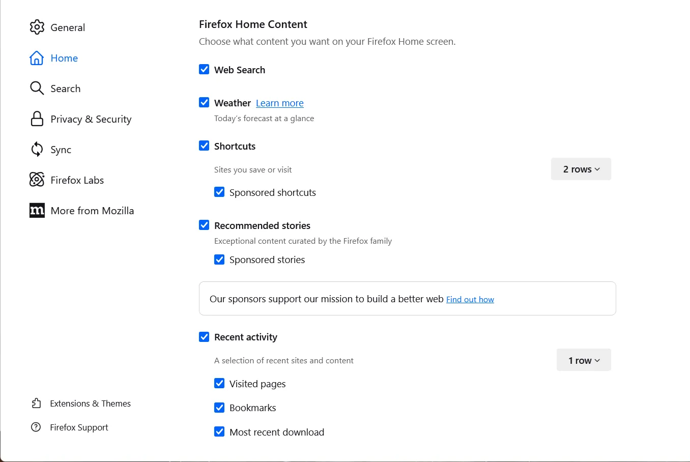 Firefox Startseiten-Inhalt: Gesponserte Beiträge