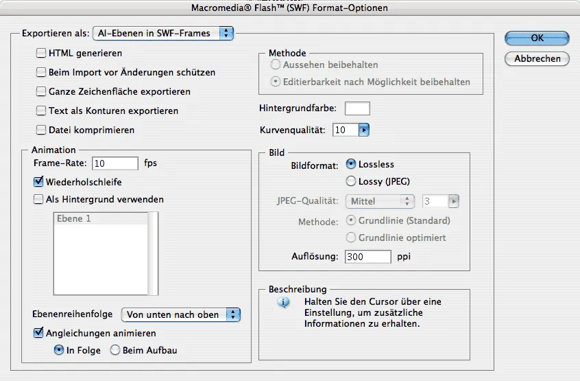 Flash-Exportoptionen für 3D-Animationen in Illustrator