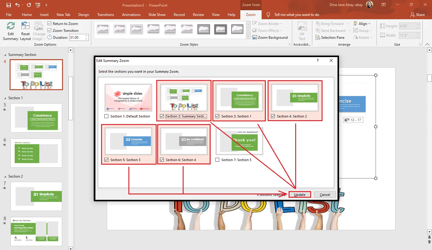 Folien im Dialogfeld für den Übersichtszoom hinzufügen oder entfernen und aktualisieren