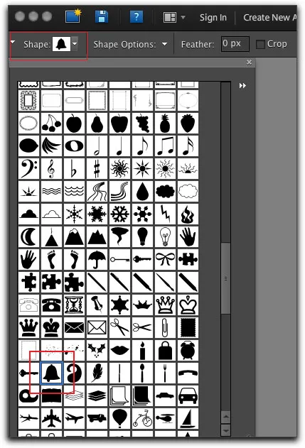 Formauswahl-Palette für das Ausstechformen-Werkzeug in Photoshop Elements 9