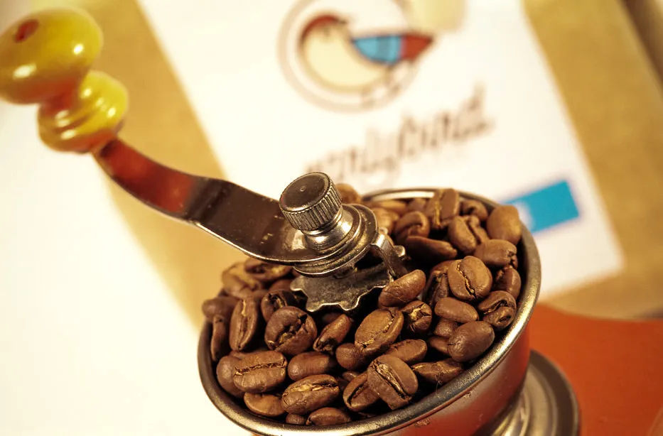 Frisch gemahlene Arabica-Kaffeebohnen in einer Kaffeemühle, bereit für die Zubereitung.