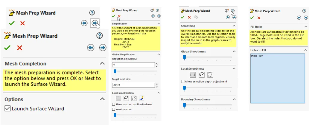 Funktionen des ScanTo3D Netzvorbereitungsassistenten