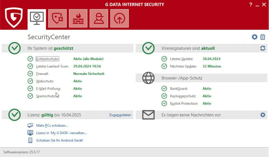 G Data Benutzeroberfläche: Funktionale Ansicht der Sicherheits-Suite
