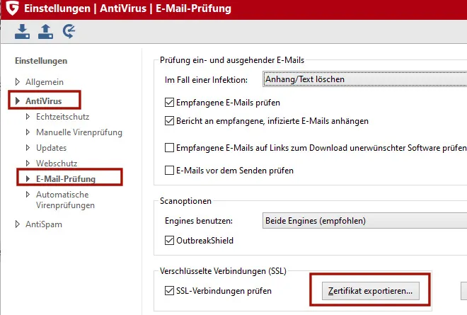 G-DATA E-Mail-Prüfung Zertifikat exportieren