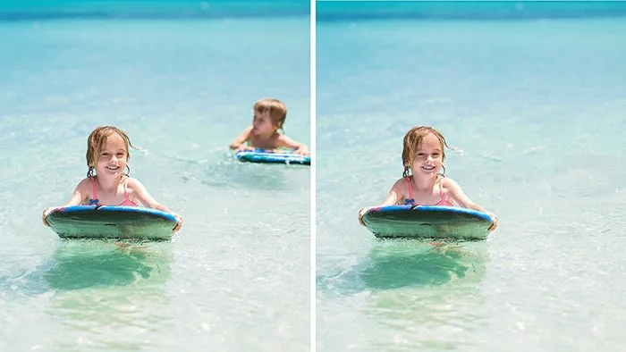 Geführte Bearbeitung in Photoshop Elements 2020, die zeigt, wie unerwünschte Objekte (z.B. eine Person im Hintergrund) aus einem Foto entfernt werden.