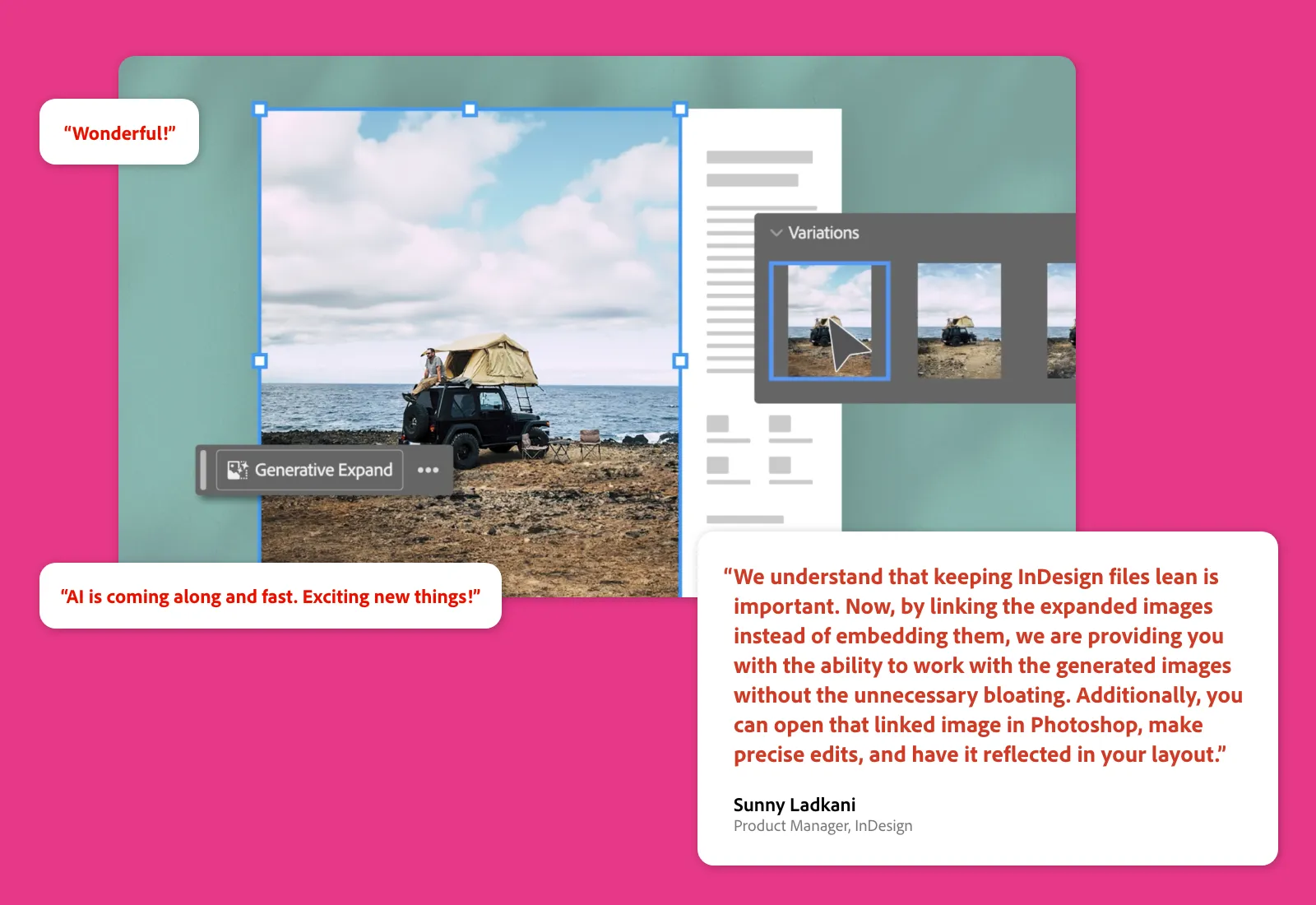 Generatives Erweitern füllt einen leeren Bereich in einem InDesign-Layout, um das Bild nahtlos anzupassen