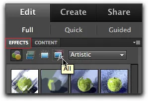Geöffnetes Content-Panel mit verschiedenen Kategorien in Photoshop Elements 9