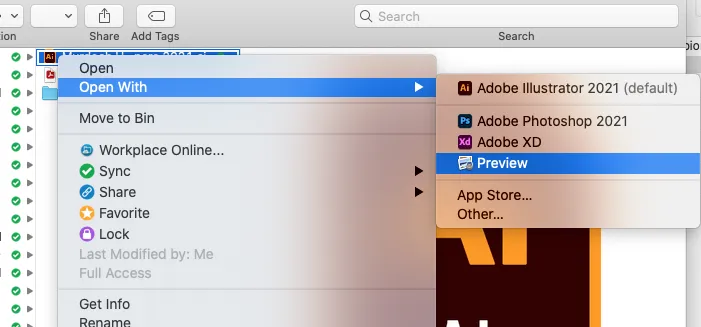 Get Info-Fenster einer AI-Datei unter macOS, welches die Standardanwendung und Dateieigenschaften darstellt, aber keine grafische Vorschau.