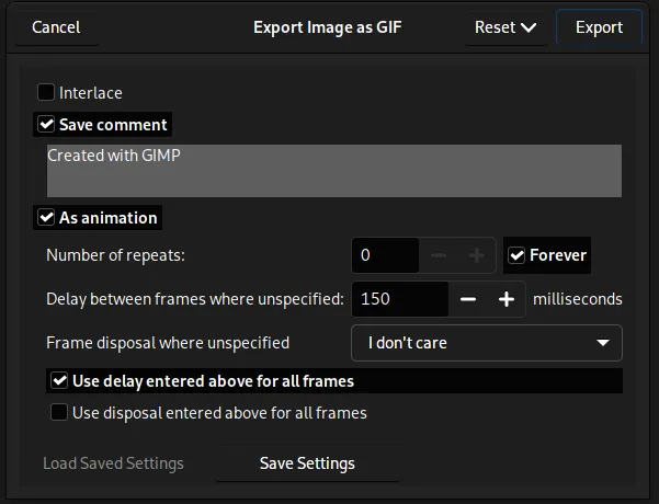 GIF-Exportdialog mit neuer Option „Anzahl der Wiederholungen“ in GIMP 2.99.12
