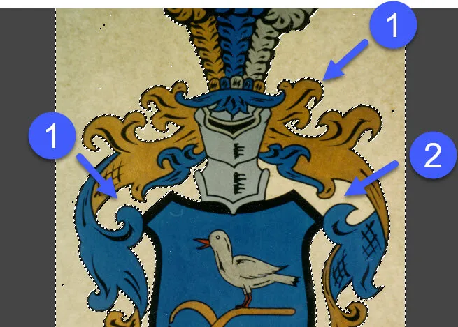 GIMP-Bild mit Zauberstab-Auswahl, die einen Teil des Hintergrunds noch nicht erfasst hat