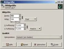 GIMP Dialog &quot;Bild skalieren&quot; mit aktiviertem Kettenglied-Symbol für proportionale Größenänderung.