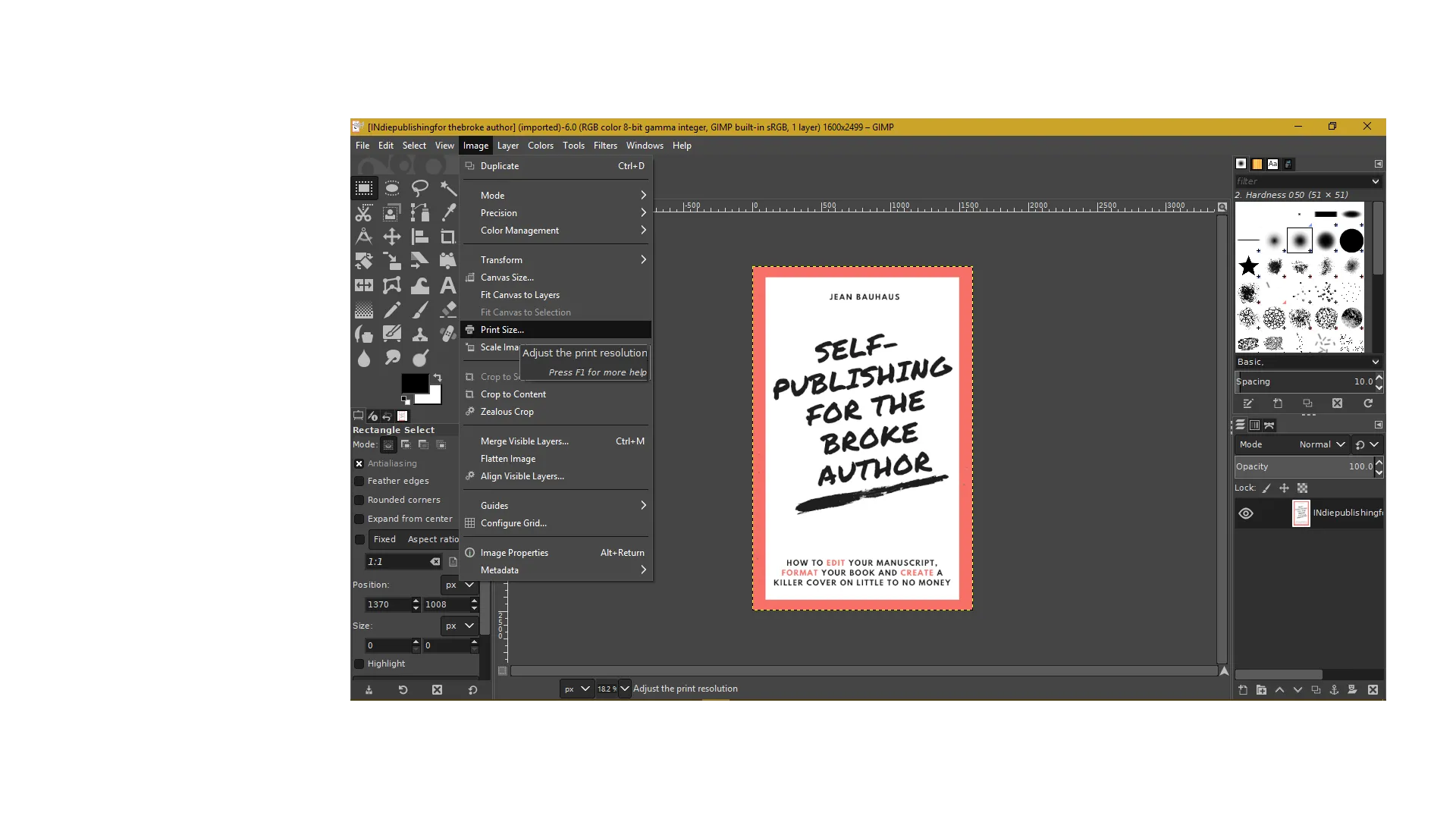 GIMP Dialogfeld zur Einstellung der Druckgröße und des Schnittformats