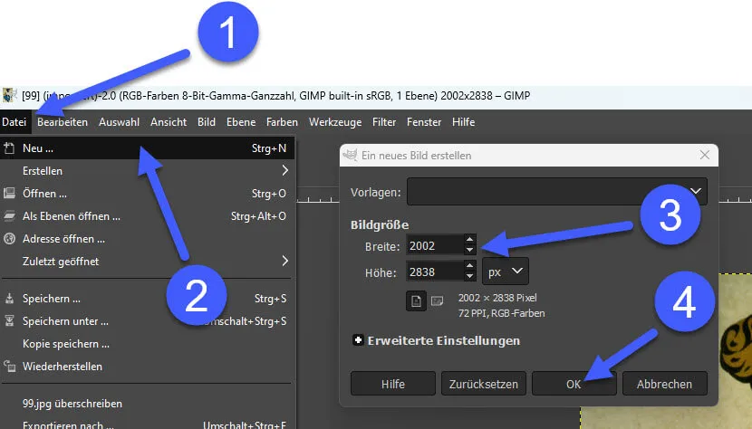 GIMP-Dialogfenster zum Erstellen einer neuen, leeren Bilddatei in derselben Größe