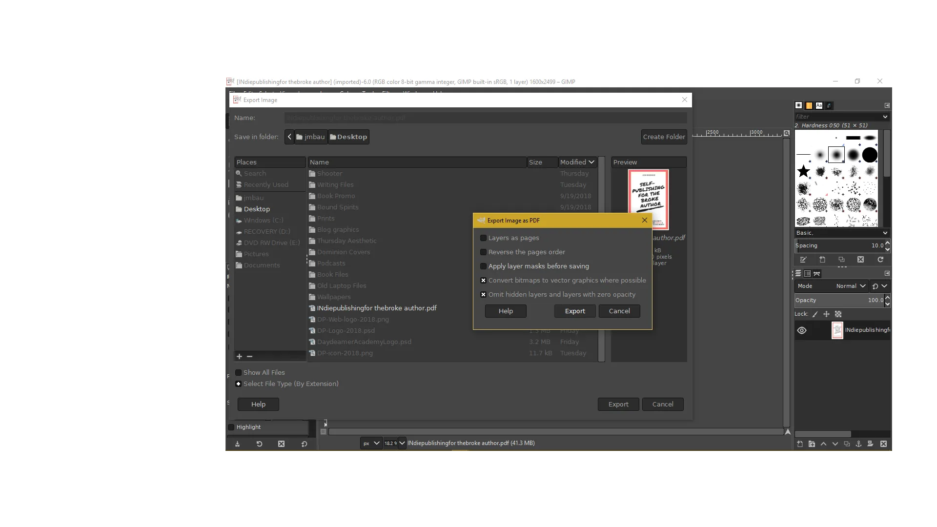 GIMP Exportieren als PDF-Dialogfeld mit den korrekten Einstellungen für KDP