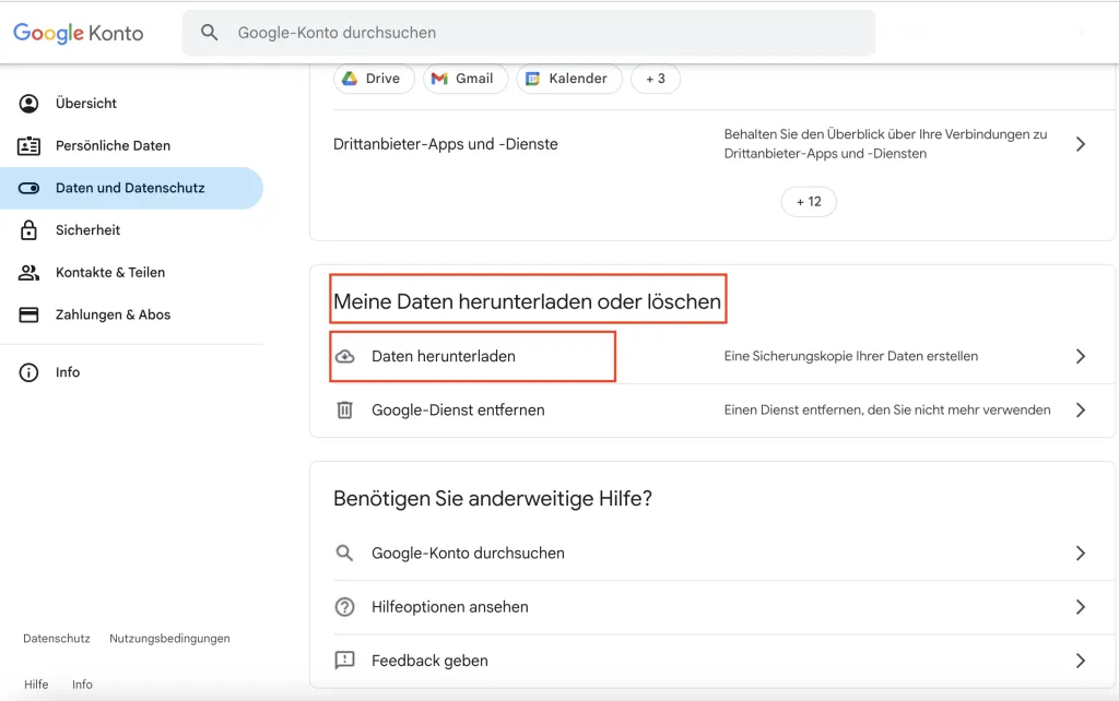 Google Datenexport Oberfläche zur Sicherung und Wiederherstellung von Android Handy-Daten